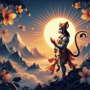 ai generated hanuman ji photo hanuman ji standing in himalayas in front of sun and praying