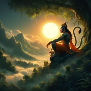 Hanuman ji photo sitting in himalayas looking at the sunset